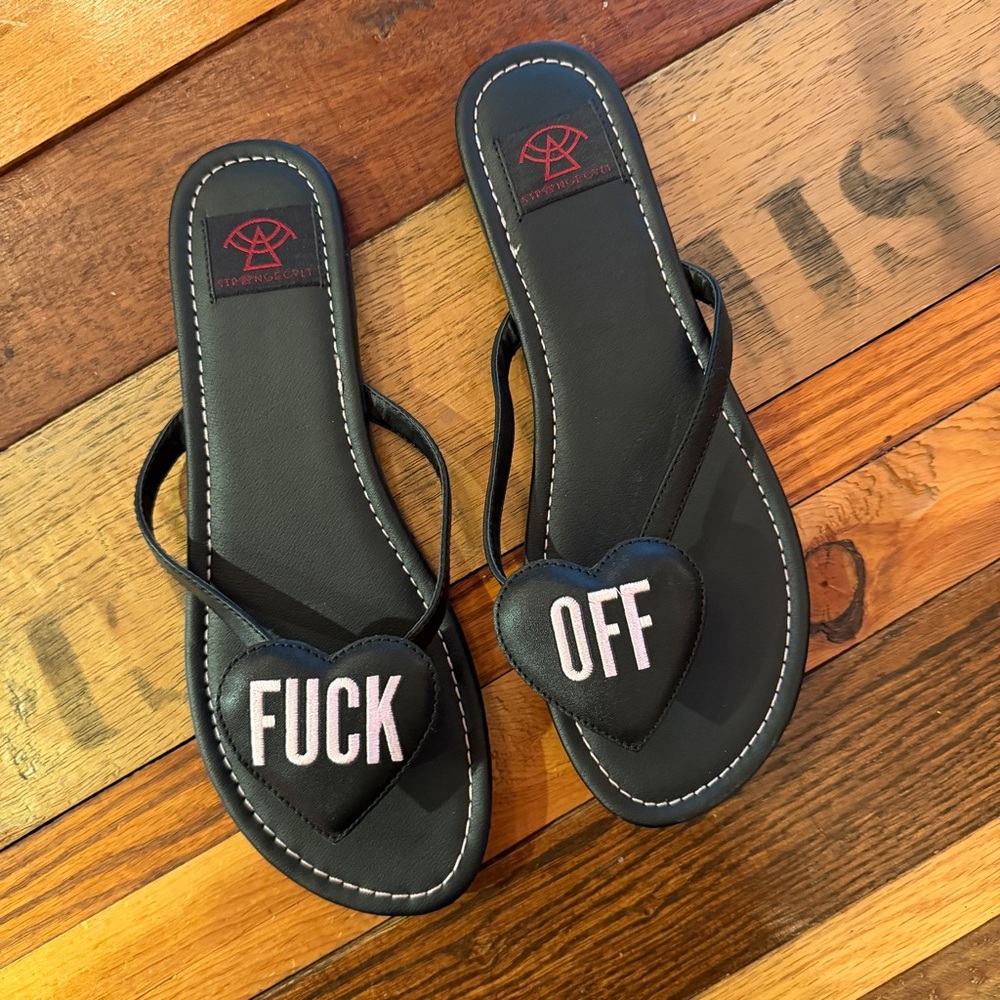 **SOLD** trange Cvlt Black Heart Strap Sandals with Pink 'F*** Off'  Women’s 10